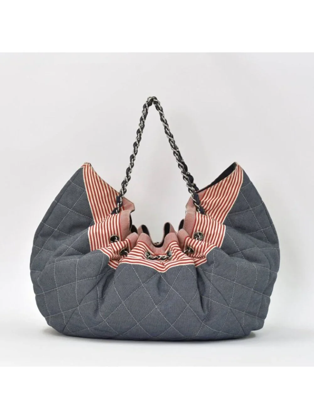 Chanel Coco Cabas GM Chain Tote Bag CC Logo Denim Canvas Stripe Silver
